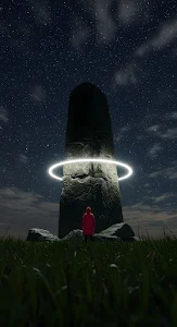 Red Cloak Figure Facing Glowing Monolith at Night