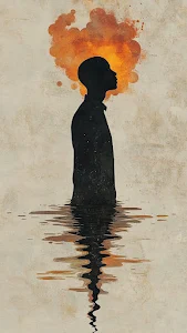 Silhouette Man Submerged Reflection with Fiery Thoughts