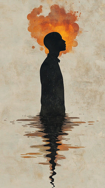 Silhouette Man Submerged Reflection with Fiery Thoughts - Free mobile Wallpaper