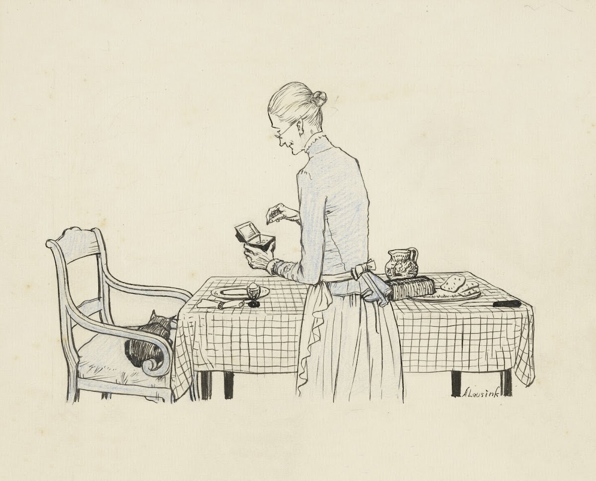 Vrouw doet een stuiver in een doosje 1920 1930