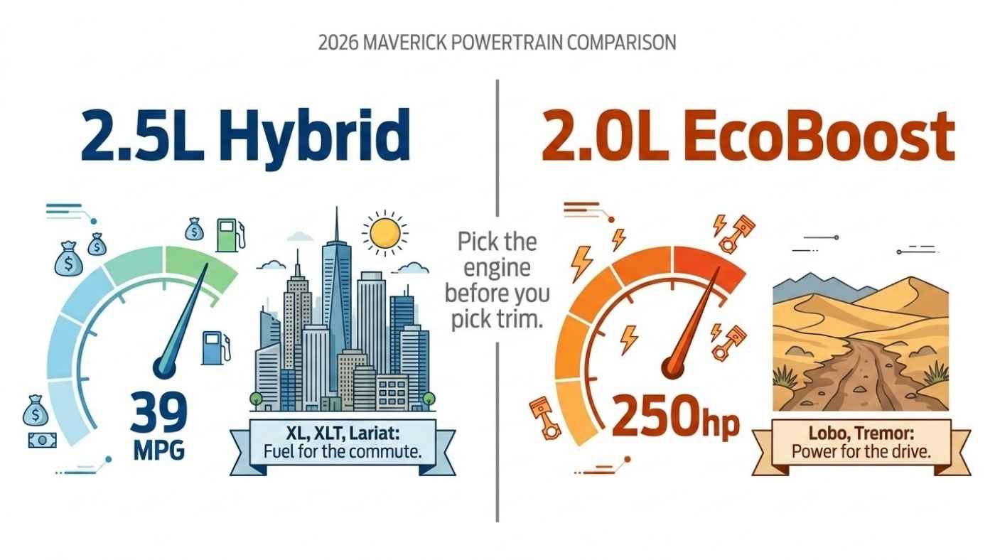 2026 Ford Maverick powertrain comparison showing 2.5L Hybrid MPG efficiency versus 2.0L EcoBoost performance and power.