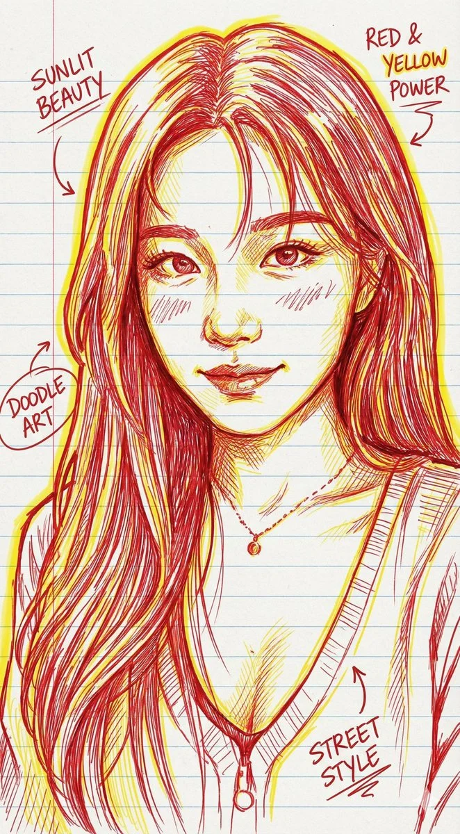 Retrato ilustrado a mano con bolígrafo rojo y amarillo.