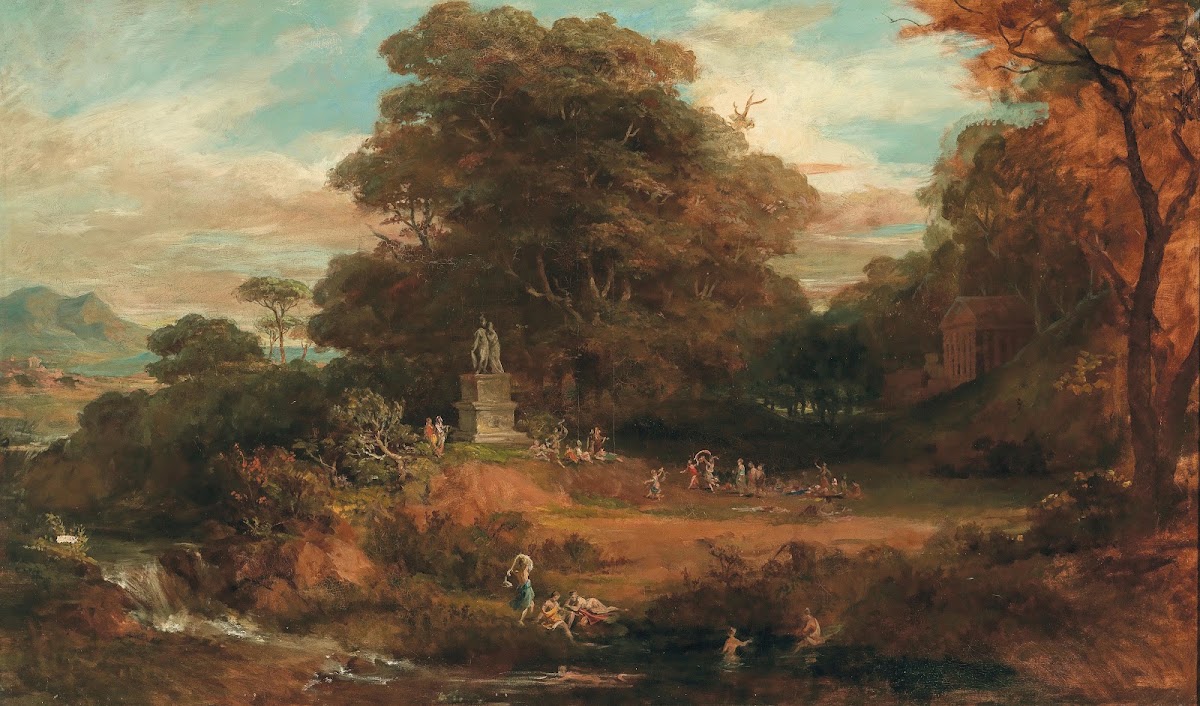 A Vast Idealised Landscape with Antique Figures around a Double Statue of Mars a