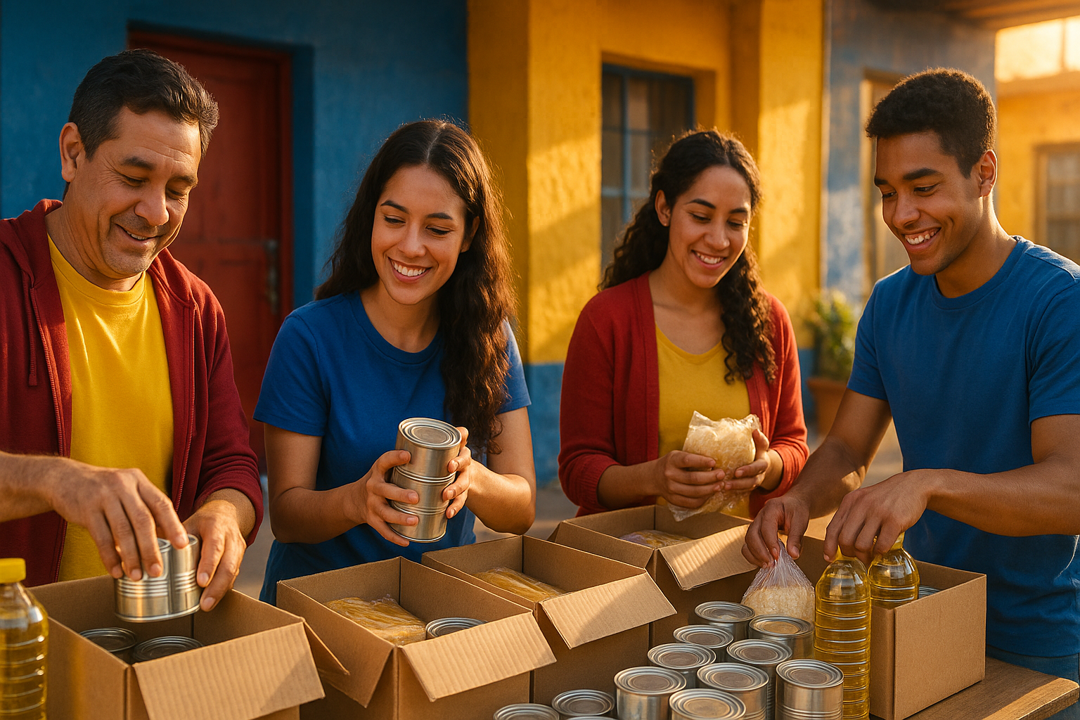 Voluntarios diversos con chalecos naranjas y azules organizando cajas en un centro comunitario urbano, gesto de unión y esperanza.