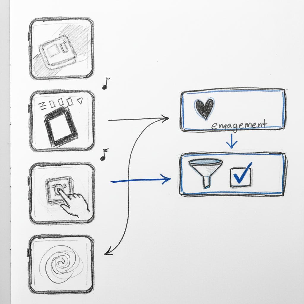 Overhead sketchbook page showing vertical phone frames with thumbnail video hooks, arrows to engagement heart and conversion funnel icons, musical notes indicating native sound &mdash; TikTok ads