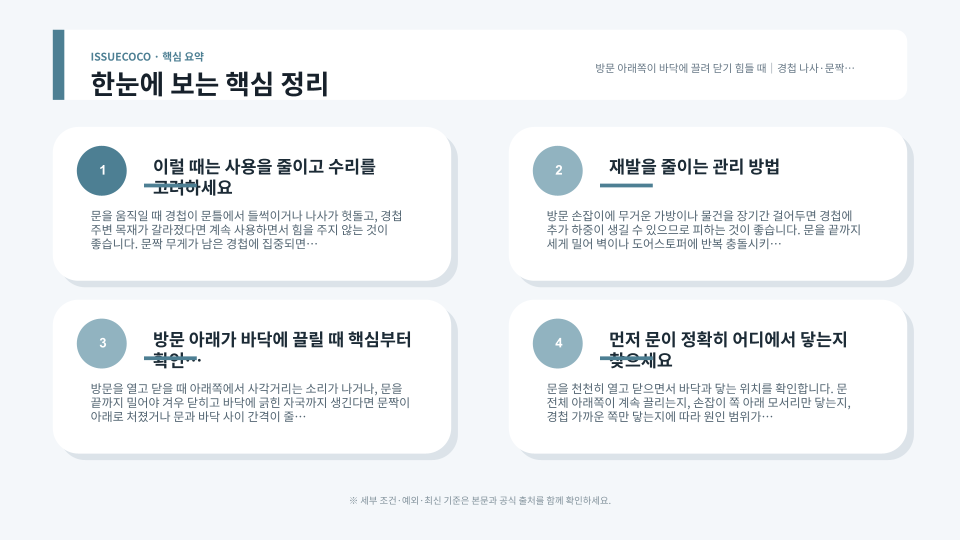 방문 경첩과 문짝 아래 바닥 간격을 차례로 점검하는 장면