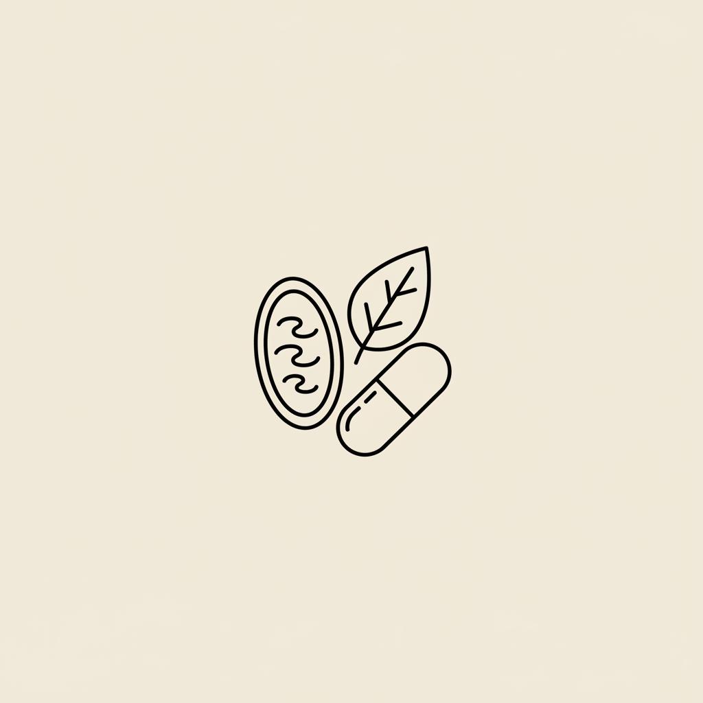 Minimalist line illustration of a mitochondrion, capsule, and leaf on beige background in Tonum icon style, emphasizing ALA
