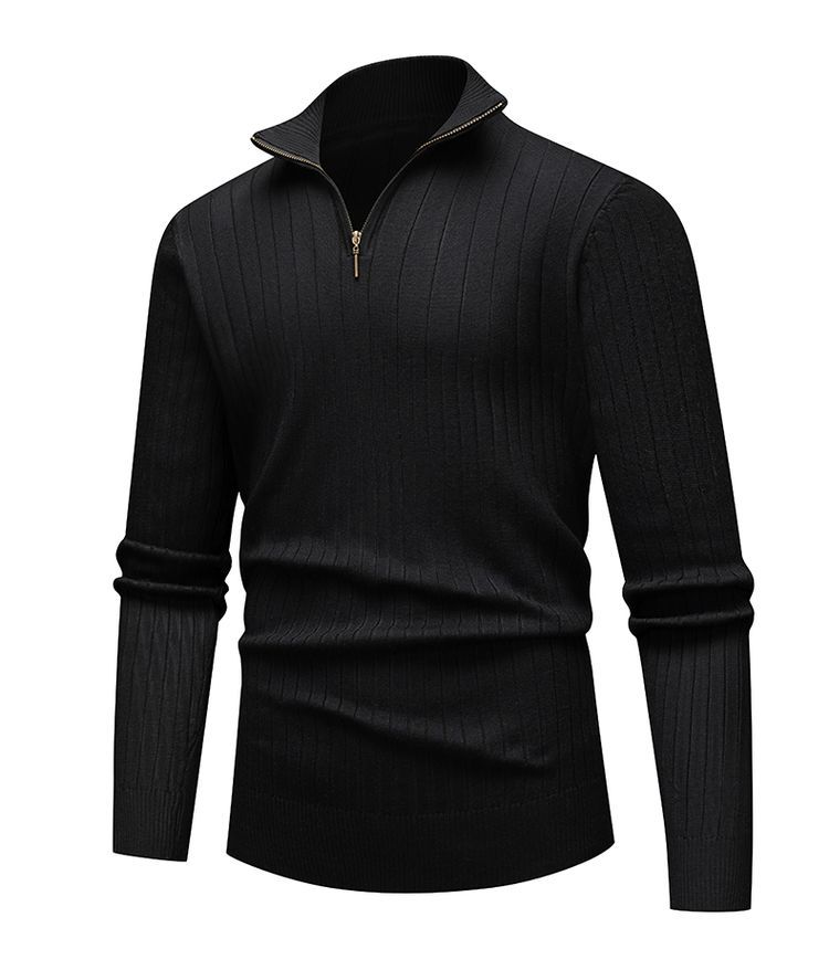 Men's knit pullover with stand-up collar and zipper