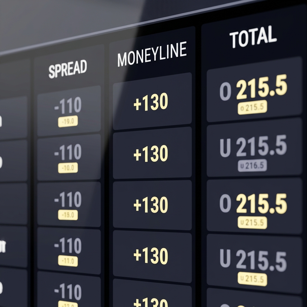 Close up sportsbook odds board showing spread moneyline and total columns highlighted in pale gold on a dark Funded Plays style background rose bowl betting line