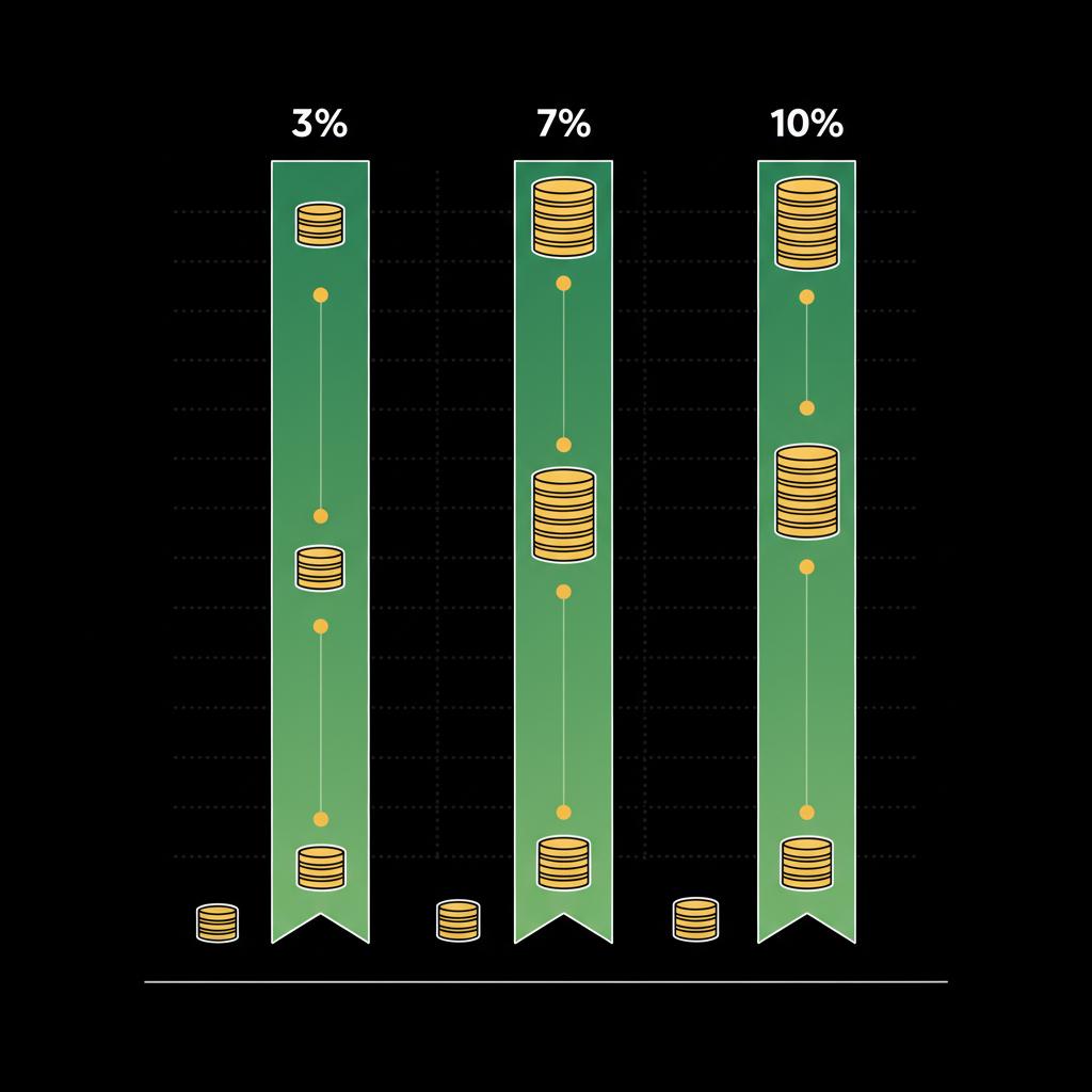Minimal 2D vector infographic comparing investment timelines at 3 percent 7 percent and 10 percent annual returns for investing in stock market for beginners