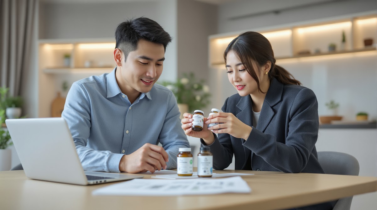 30대 다이어트 영양제  30대 남성과 여성이 다이어트 영양제(슬릿, 리파포틴 등)의 성분표, 임상 데이터, 브랜드별 인증마크를 꼼꼼히 체크하며 실제 구매 결정을 내리는 모습. 노트북으로 공식 자료를 검색하는 장면 포함
