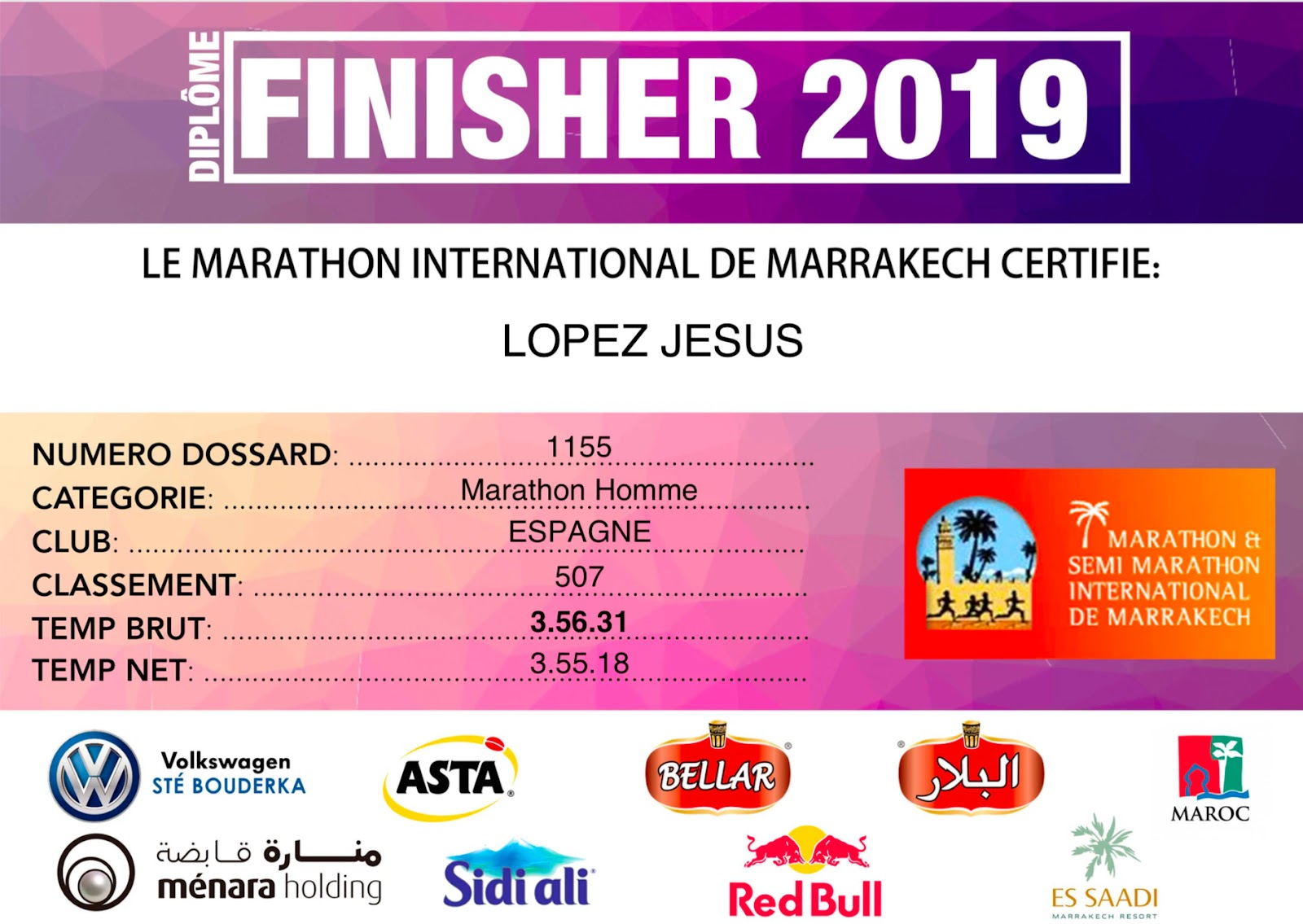Diploma de MARRAKECH MARATHON