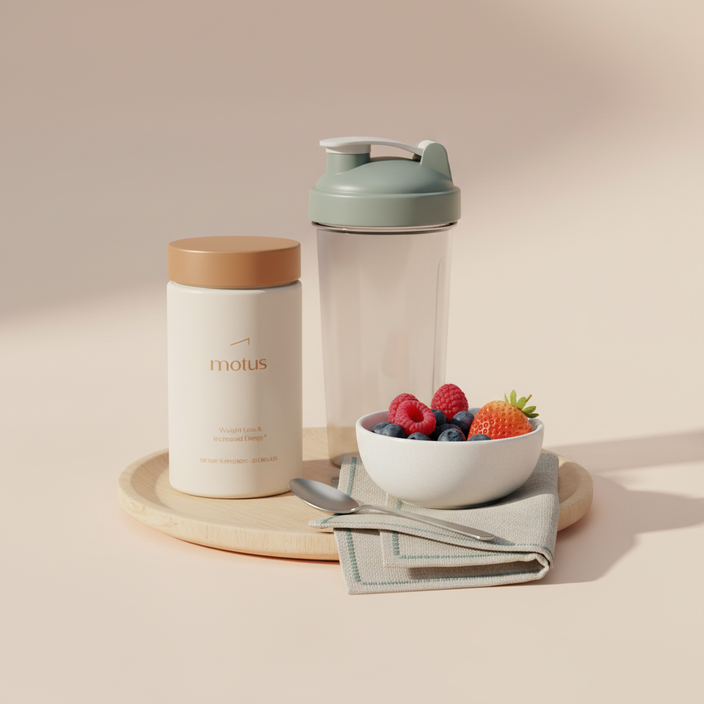 Minimal breakfast nook with a Motus supplement container on a wooden tray beside a shaker bottle and berries, illustrating the best protein powder for weight loss in a clean, tonal Tonum scene.