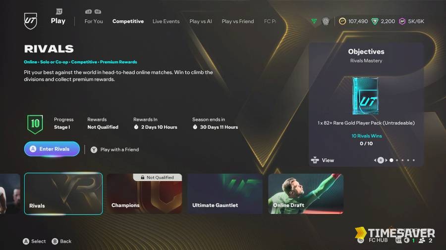 EA Sports FC 26 Division Rivals menu showing divisions, the weekly rewards timer and the 10-win objective