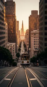 San Francisco Cable Car on Steep Hill at Golden Hour
