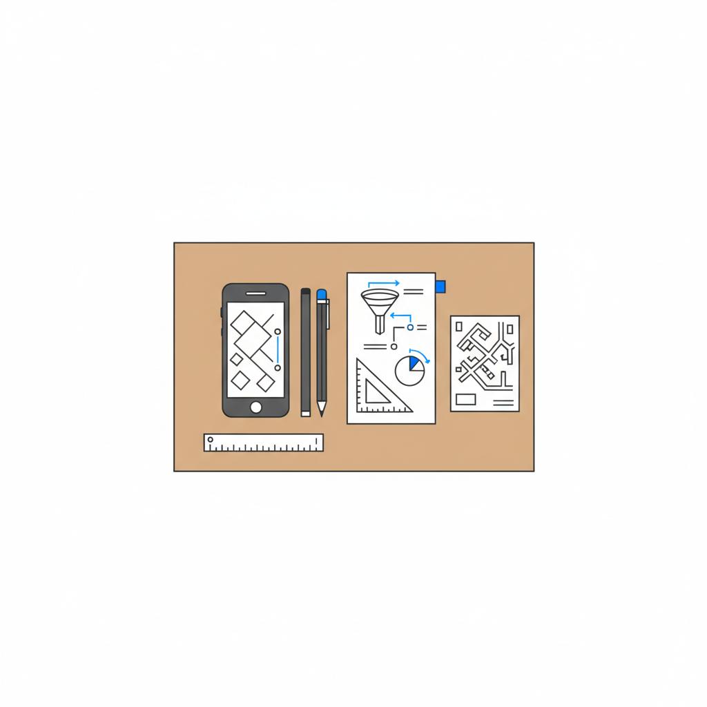 Minimalist flat-lay vector of tools, phone, schematic neighborhood map and campaign funnel sketches on white background &mdash; visual to advertise my services on Nextdoor