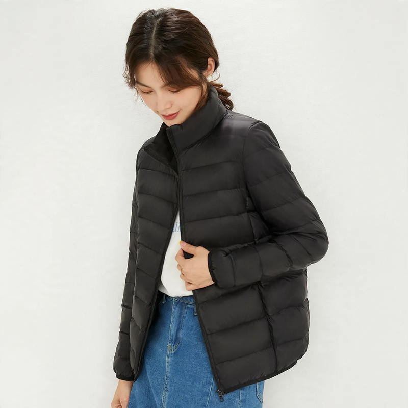 Lightweight women's down jacket with stand-up collar, white duck down