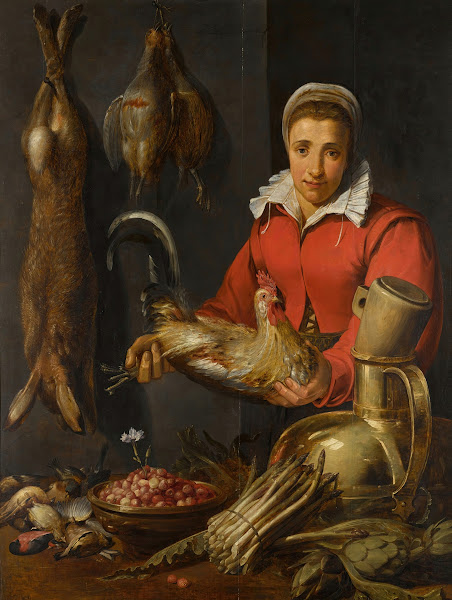 A female merchantholding a cockerel with game asparagus artichokes utensils and