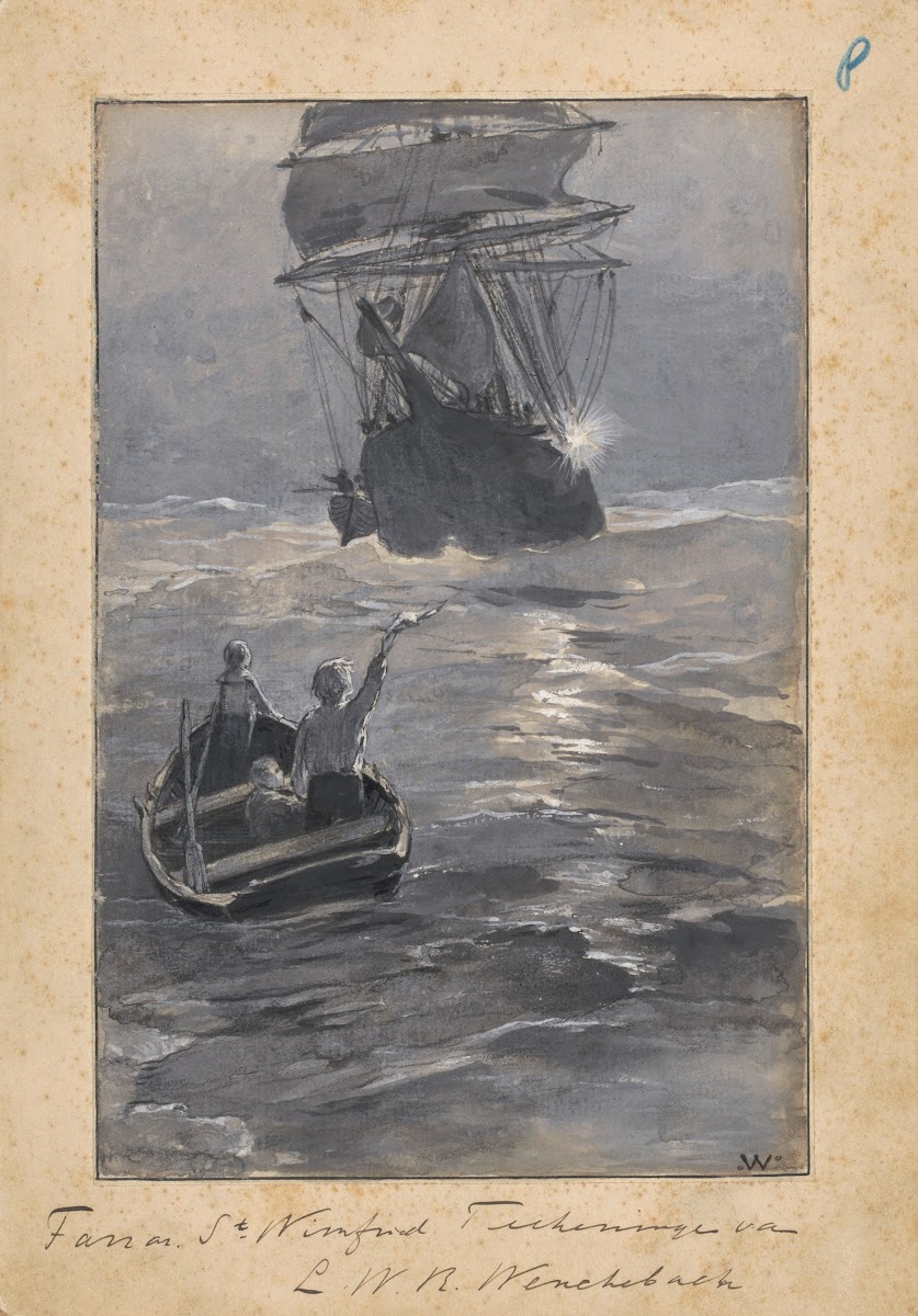 Jongens seinen naar een schip vanaf een zinkende roeiboot in or before 1894