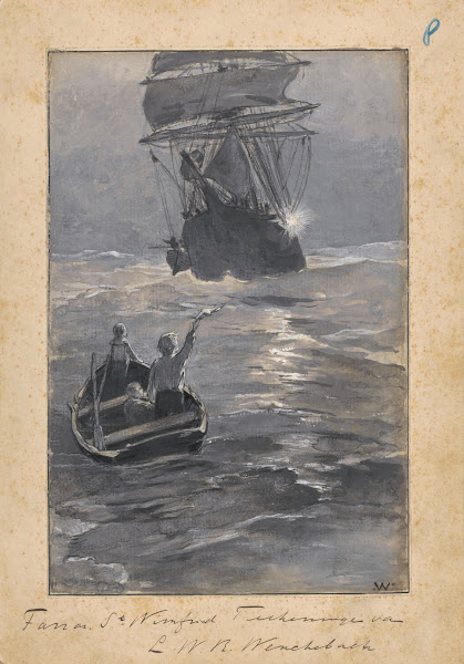 Jongens seinen naar een schip vanaf een zinkende roeiboot in or before 1894