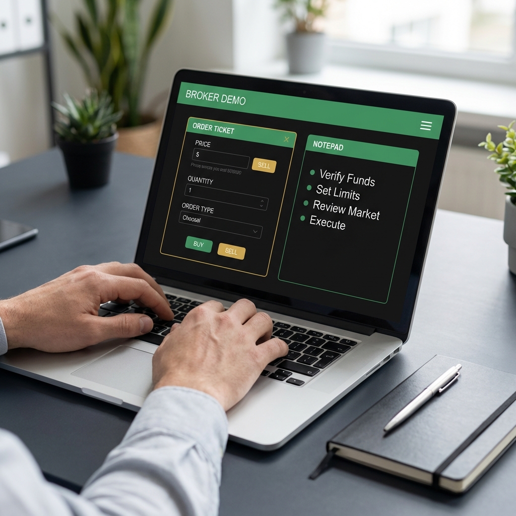 Close up of hands on a laptop with a broker demo screen showing an order ticket and a clear checklist how can we start share trading