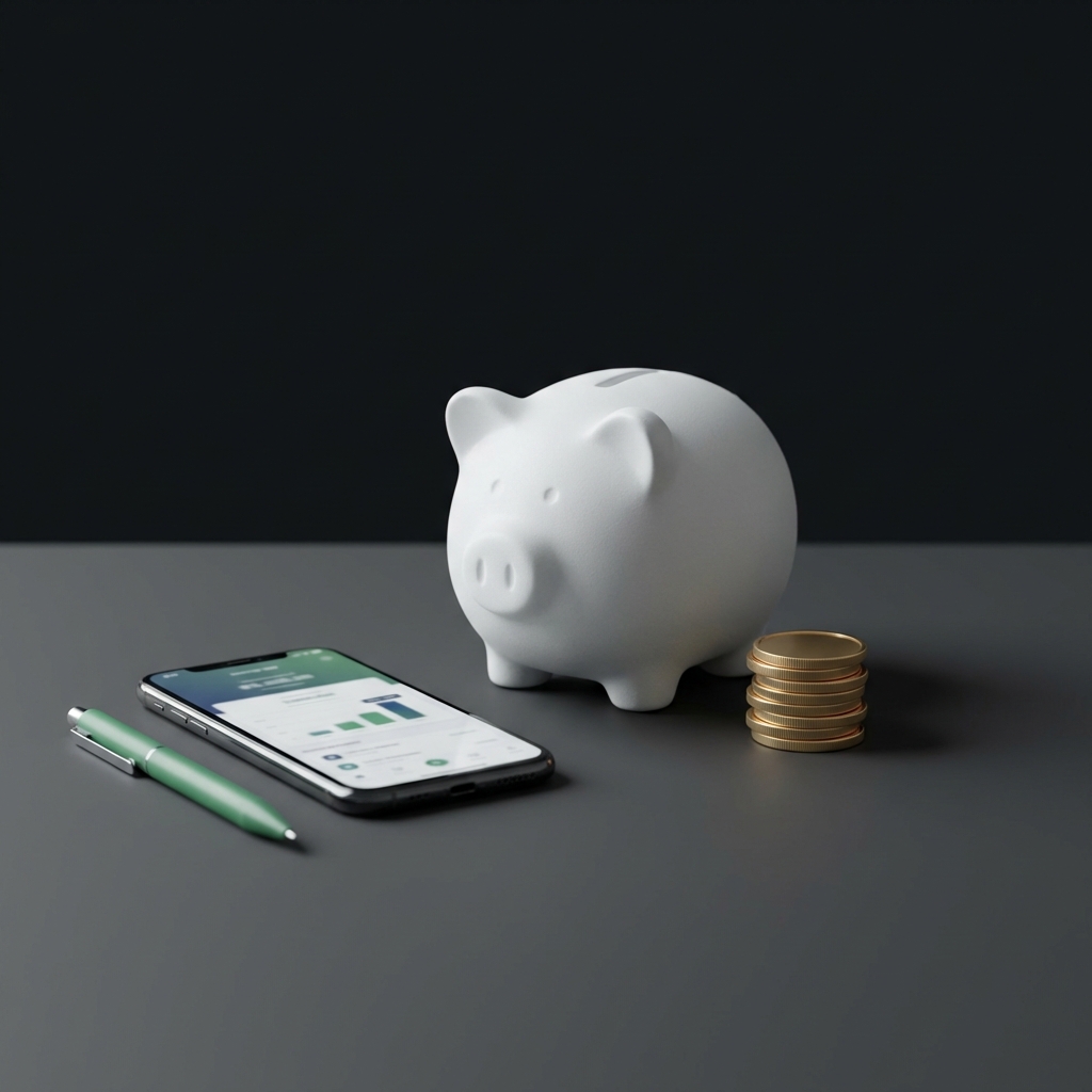 Minimalist still life of a ceramic piggy bank beside a small stack of coins and a sleek smartphone showing a blurred savings app interface with a green pen accent representing simplest passive income