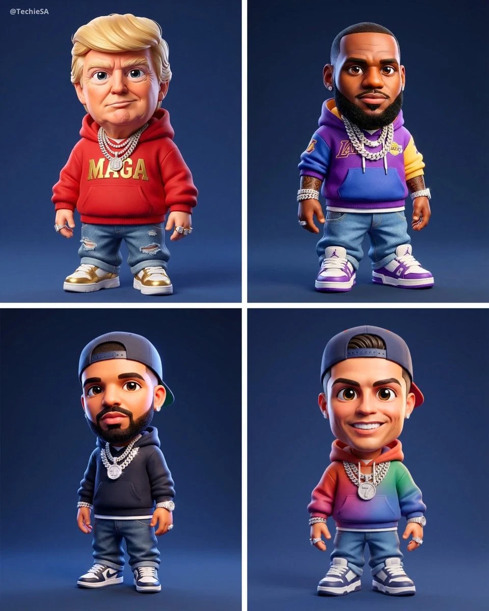 Manteniendo los rasgos faciales de todas las criaturas... estilo chibi 3D, con atuendo de rapero, estilo bebé extragrande...