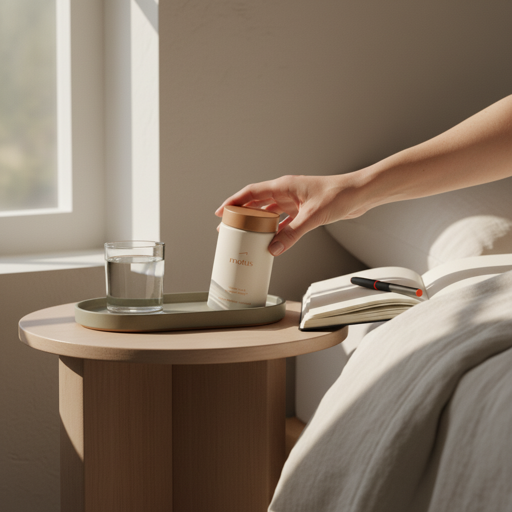 Hand reaching for a Tonum Motus supplement jar on a bedside table with water and an open notebook in a minimalist morning scene — do fat burners work