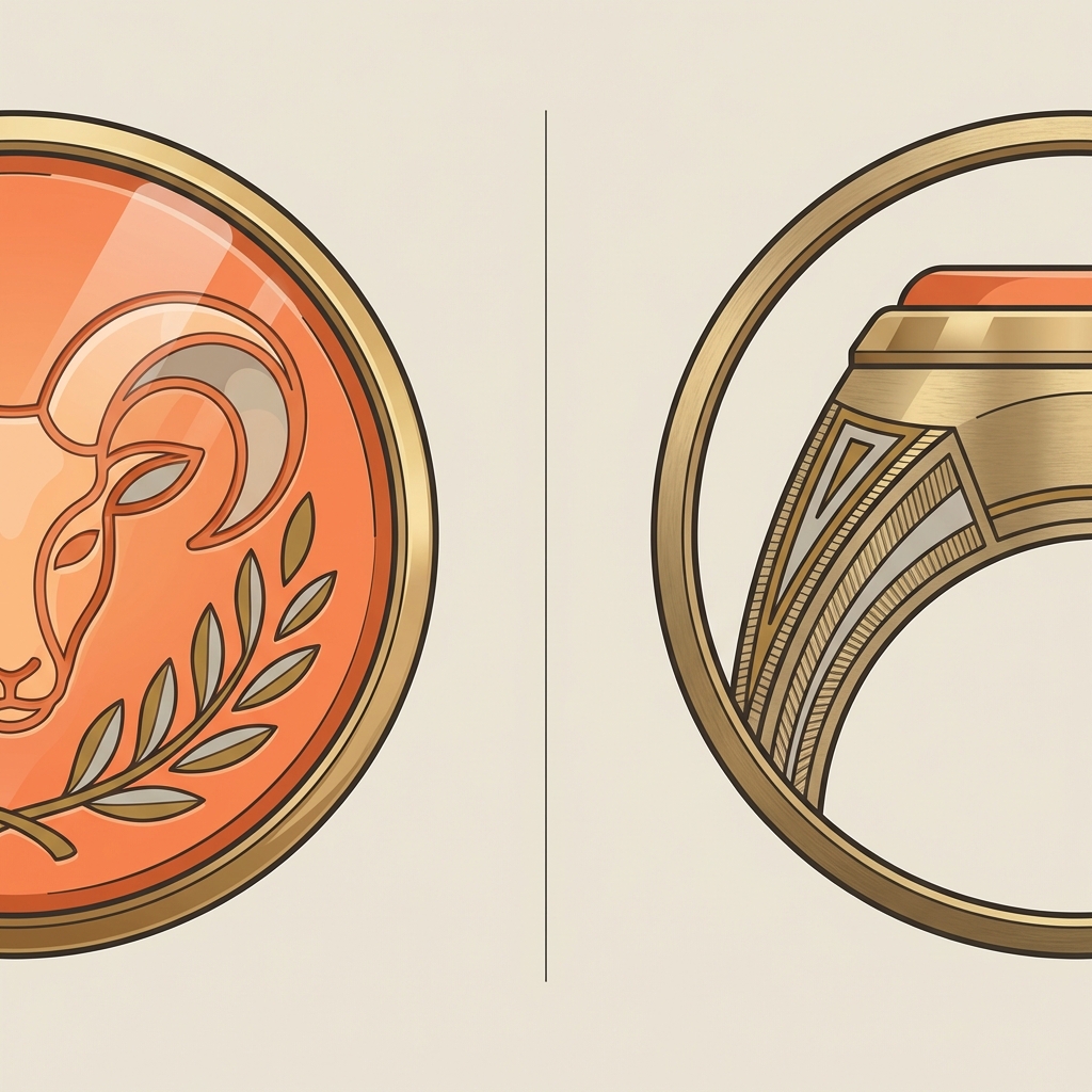 Minimalist 2D vector side by side close ups of carnelian intaglio and laser engraved shoulder detail on a faun engraved ring in cream and antique gold palette