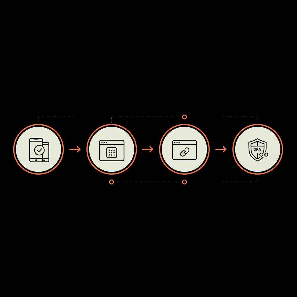 Minimal vector infographic showing recovery flow device check → passwords.google.com → g.co/recover → 2FA in Social Success Hub colors to help find Gmail password.