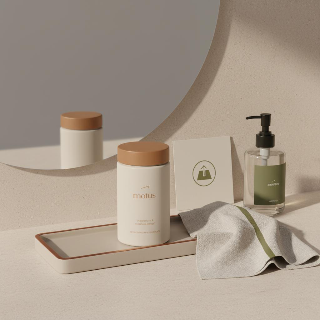 Motus container on a tidy bathroom vanity near a mirror and folded towel in a minimalist clinical scene suggesting fat dissolving injections and weight loss