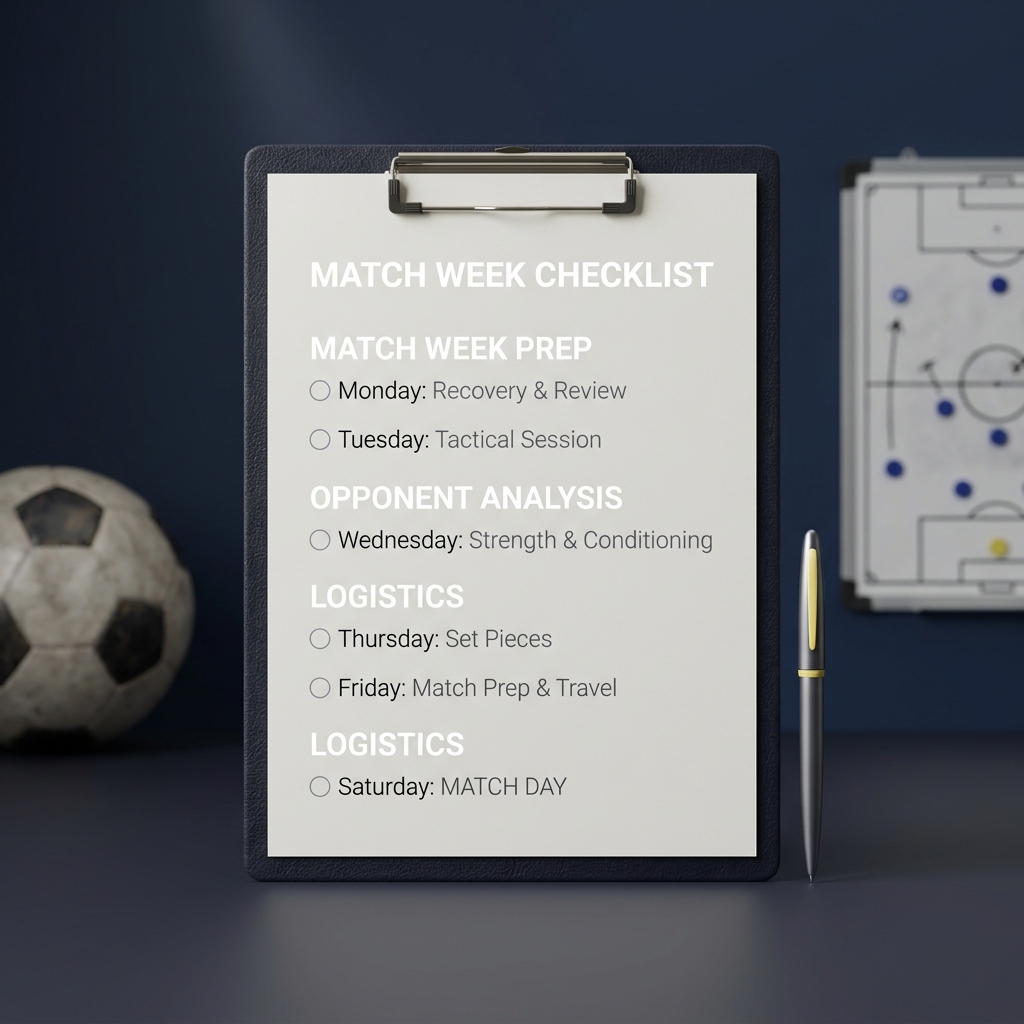 Close up match week checklist on clipboard with football and tactical board in soft focus background minimalist Funded Plays style benfica prediction