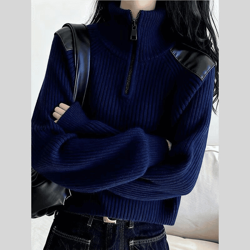 Damen-Strickpullover mit Reißverschluss und Stehkragen