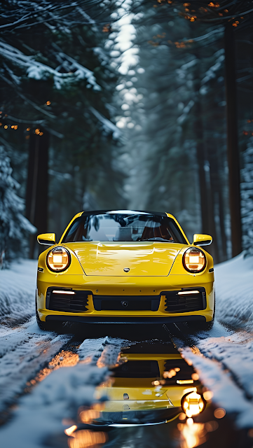 Vivid Yellow Porsche 911 Winter Forest Road Puddle Reflection - Free mobile Wallpaper