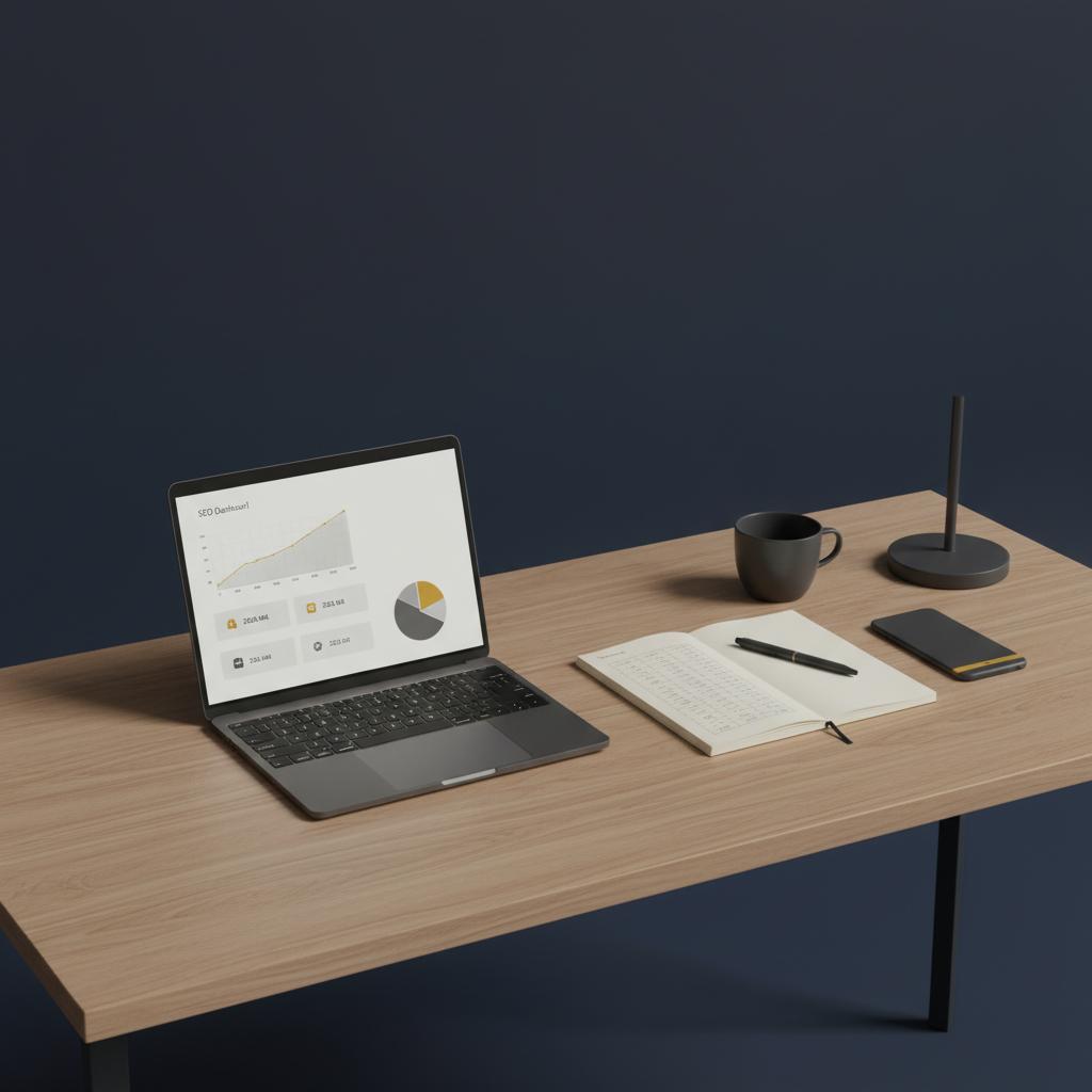 Photorealistic minimalist desk with laptop showing a simple SEO dashboard and a notebook with budget figures in Orvus Ltd brand colors, focused on SEO budget