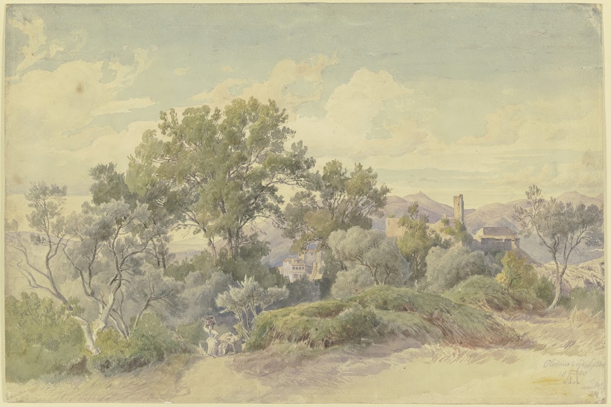 Weite italienische Gebirgslandschaft mit Olevano 1850