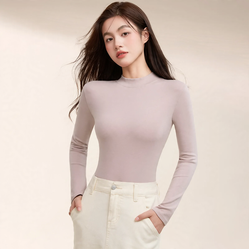 Women's long sleeve cotton shirt, stand-up collar, fitted