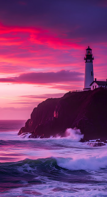 Dramatic Lighthouse on Cliff Coastal Sunset Vivid Purple Waves - Free mobile Wallpaper
