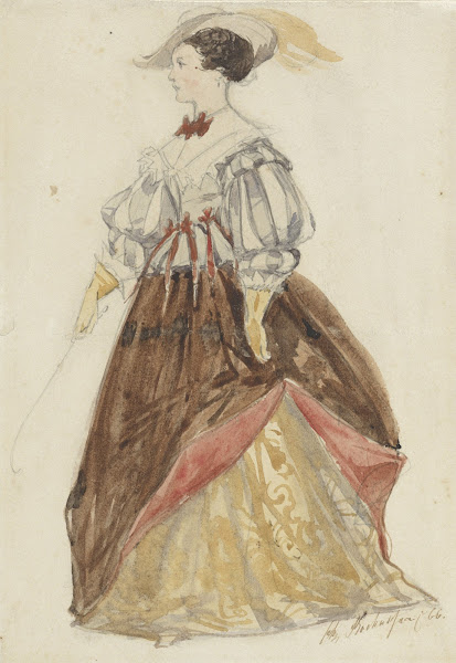 Vrouw in rijkostuum met hoed op en zweep in de hand 1866