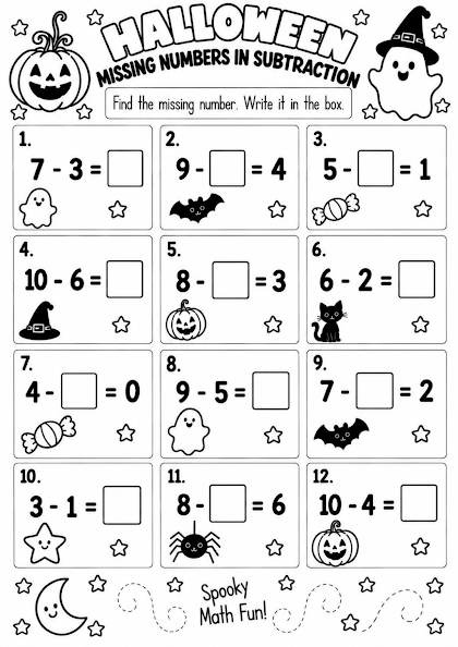 Halloween Missing Numbers in Subtraction