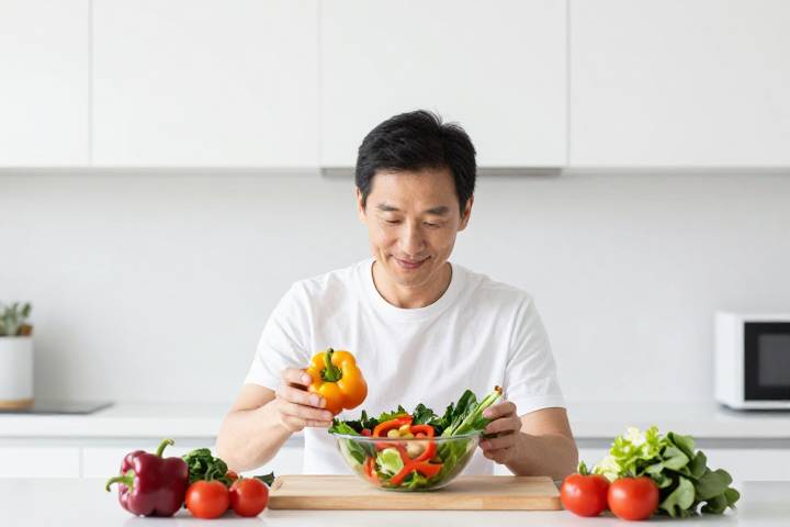 한 동양인 남성이 밝고 깨끗한 주방에서 신선한 채소를 이용해 건강한 샐러드를 만들고 있는 모습