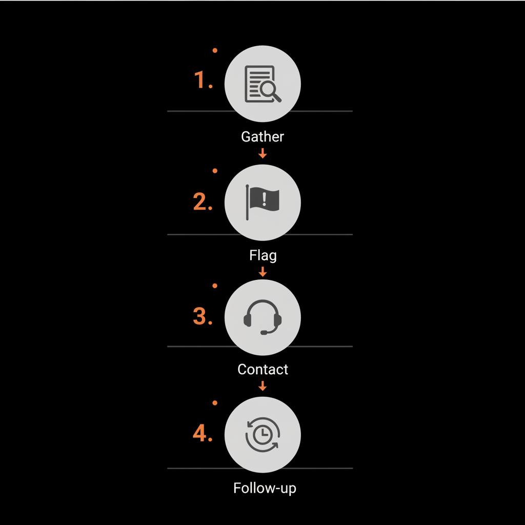 Minimal vector infographic showing four steps for Google review removal: gather evidence, flag review, contact support, follow up, on a black background with brand colors.