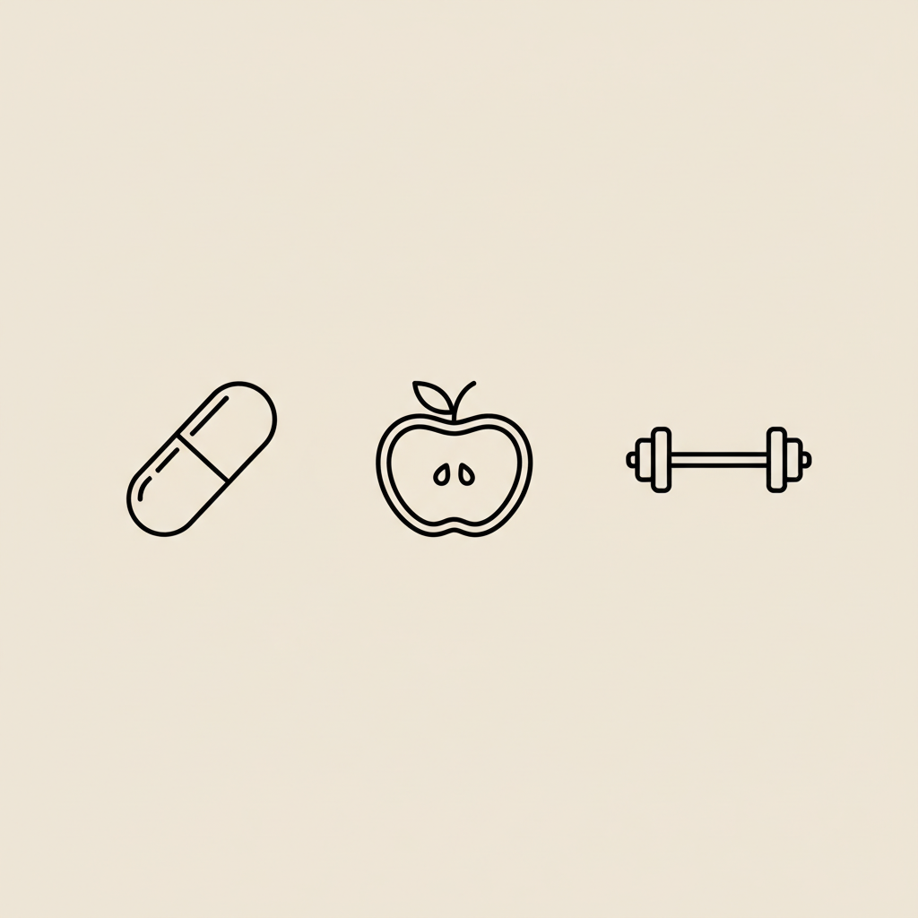 Minimalist line illustration of a capsule, apple slice, and barbell on beige background representing a fat loss supplement concept.