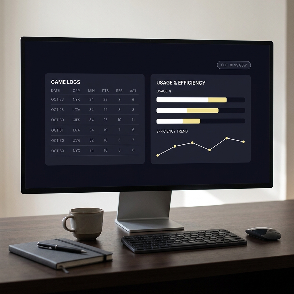 Screenshot style desktop showing game logs and usage charts with notepad and coffee in Funded Plays minimalist dark aesthetic kawhi leonard props