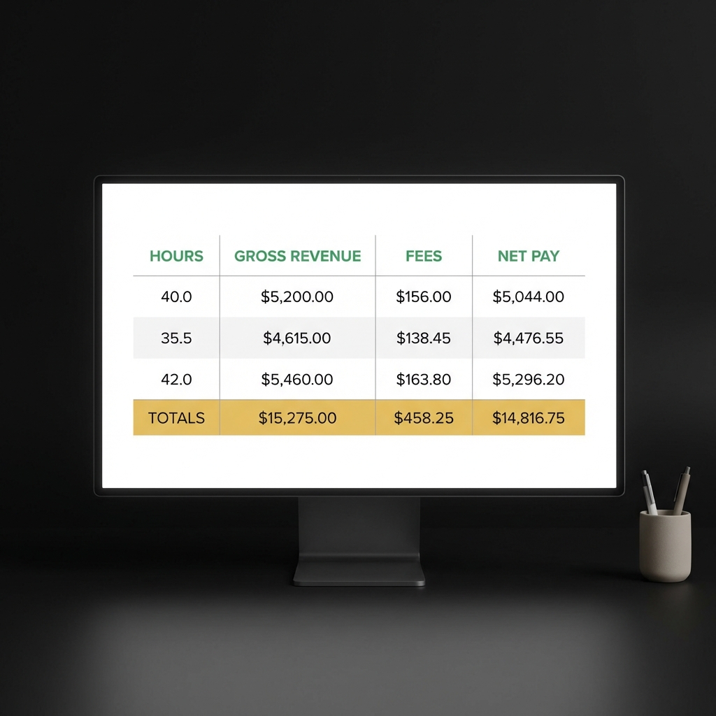 Minimalist full frame monitor showing a clean spreadsheet with columns for hours gross revenue fees and net pay optimized for second income opportunities