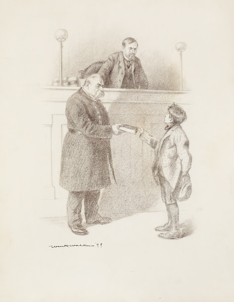 A boy stands before an unfriendly judge and police officer 1899