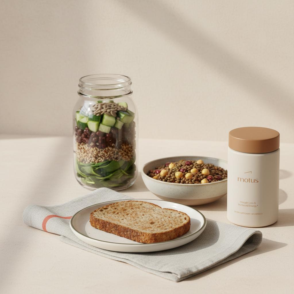 Minimalist kitchen counter with Tonum supplement container beside a mason jar salad, bowl of mixed legumes and whole-grain toast, emphasizing vegan nutrition rules and habit formation.
