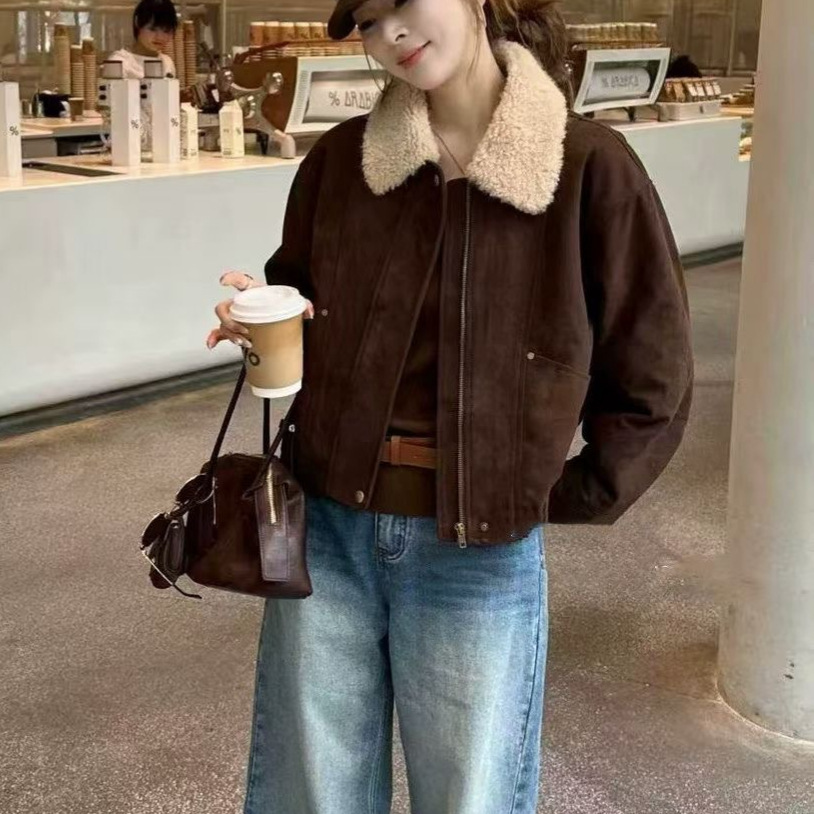 Women's winter jacket, suede look, lamb wool lining
