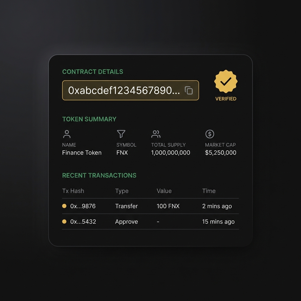 Minimalist screenshot of blockchain explorer contract page showing highlighted contract address and simplified token overview for cyber currency market
