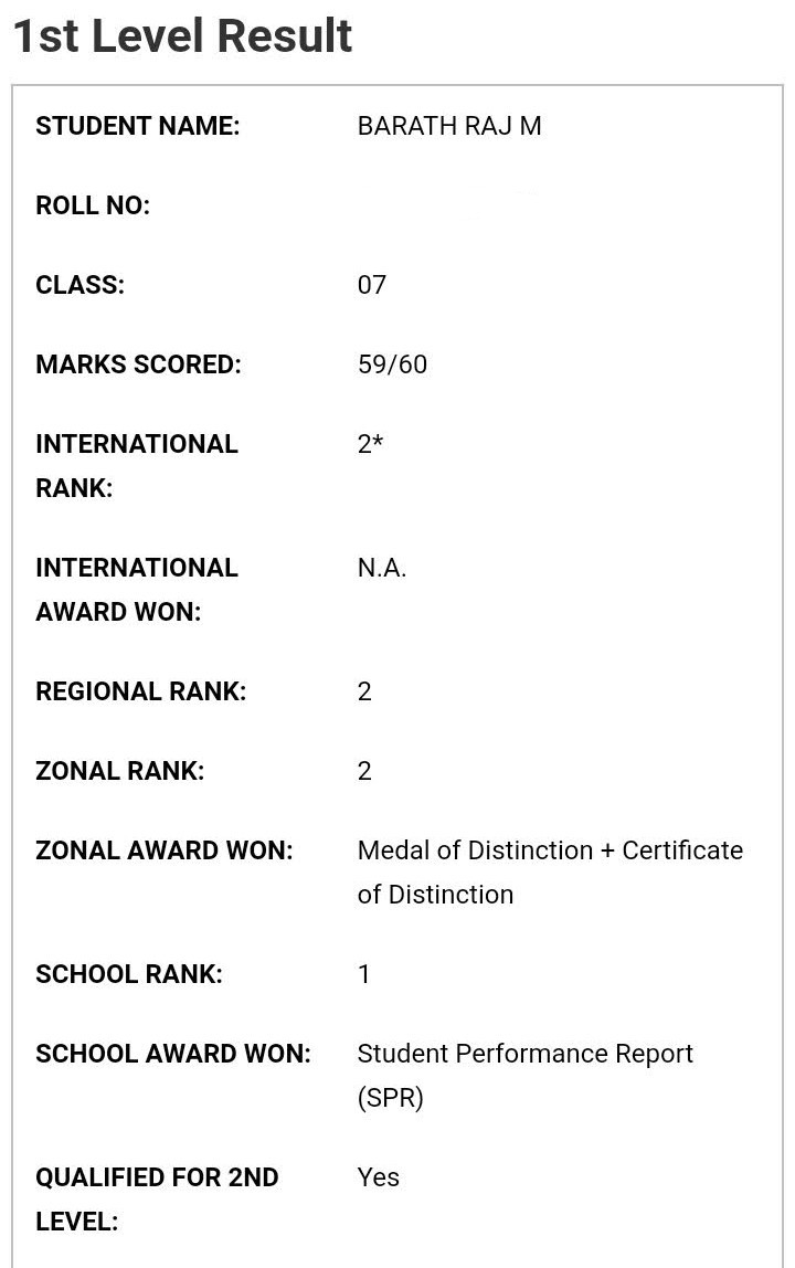 IMO Class 7 Certificate — International Rank 2, Score 59/60